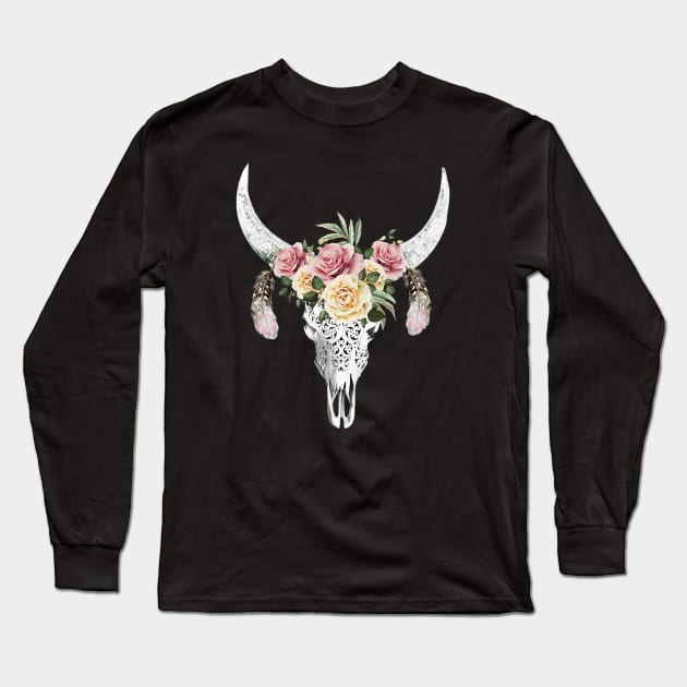 Cow skull floral 17 Long Sleeve T-Shirt by Collagedream